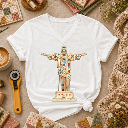 Christ The Redeemer Quilted Statue Women's V-Neck - White