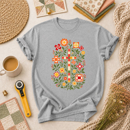 Christian Cross Floral Quilt Block T-Shirt - Athletic Heather