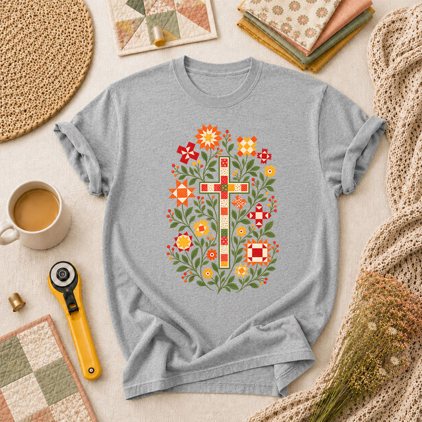Christian Cross Floral Quilt Block T-Shirt - Athletic Heather