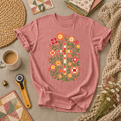 Christian Cross Floral Quilt Block T-Shirt - Heather Mauve