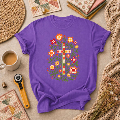 Christian Cross Floral Quilt Block T-Shirt - Heather Team Purple