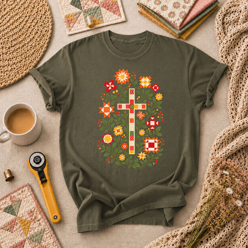 Christian Cross Floral Quilt Block T-Shirt - Military Green
