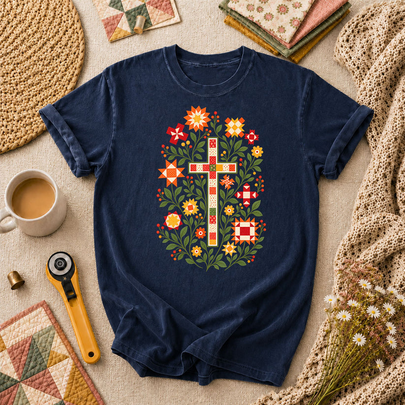 Christian Cross Floral Quilt Block T-Shirt - Navy