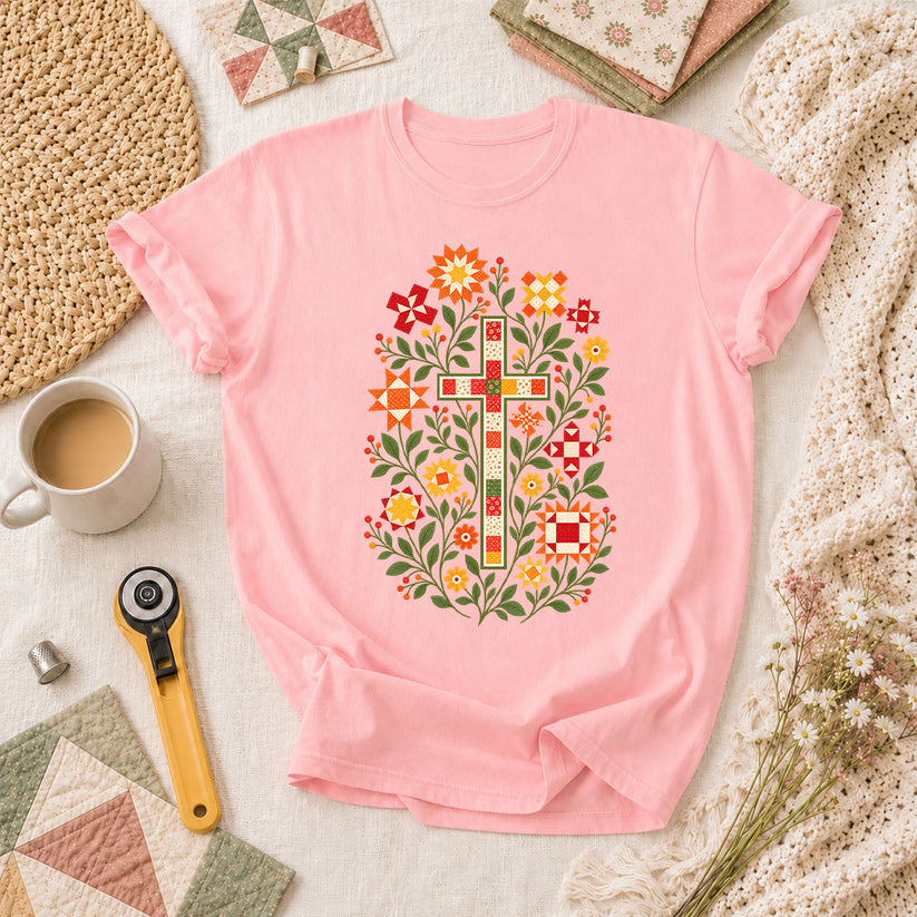 Christian Cross Floral Quilt Block T-Shirt - Pink
