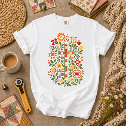 Christian Cross Floral Quilt Block T-Shirt - White