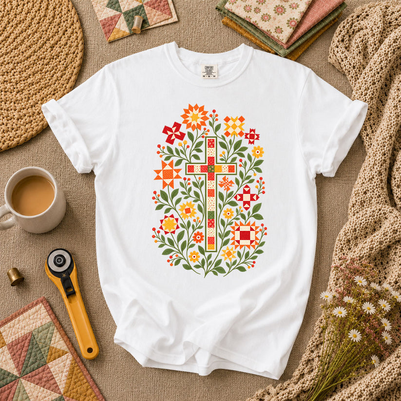 Christian Cross Floral Quilt Block T-Shirt - White