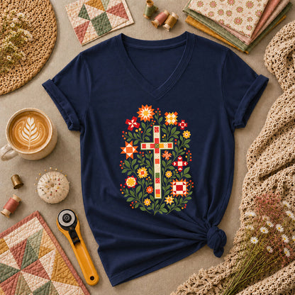 Christian Cross Floral Quilt Block Women's V-Neck - Navy