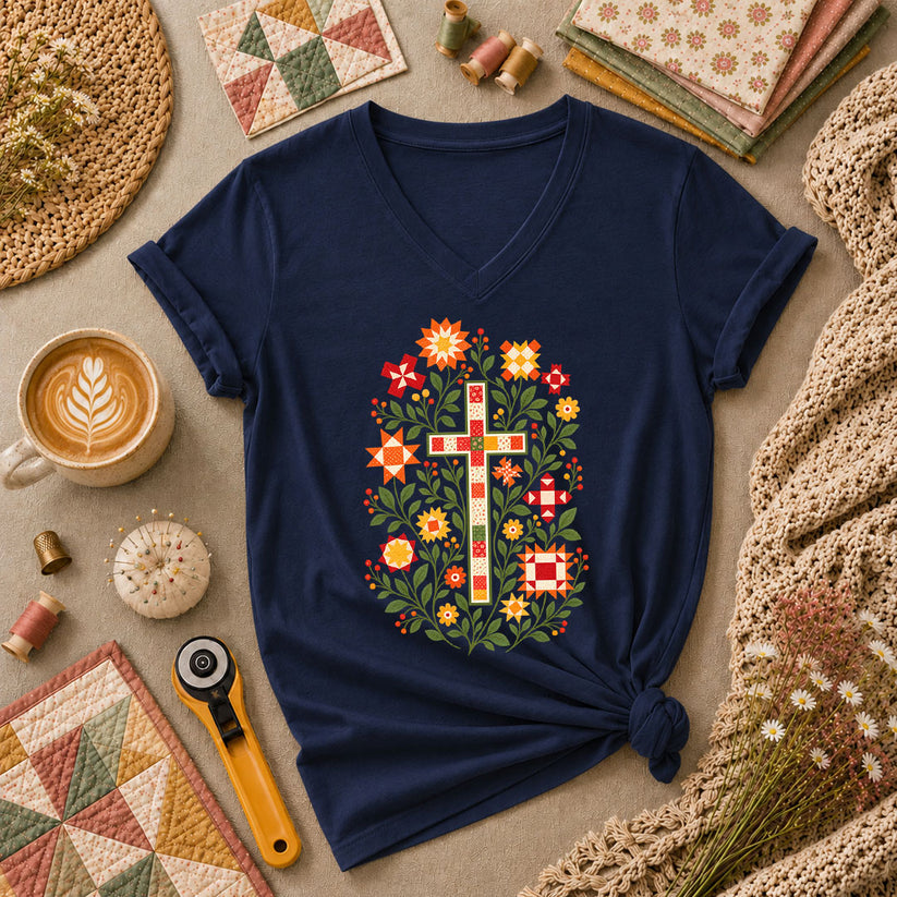 Christian Cross Floral Quilt Block Women's V-Neck - Navy
