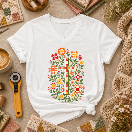 Christian Cross Floral Quilt Block Women's V-Neck - White