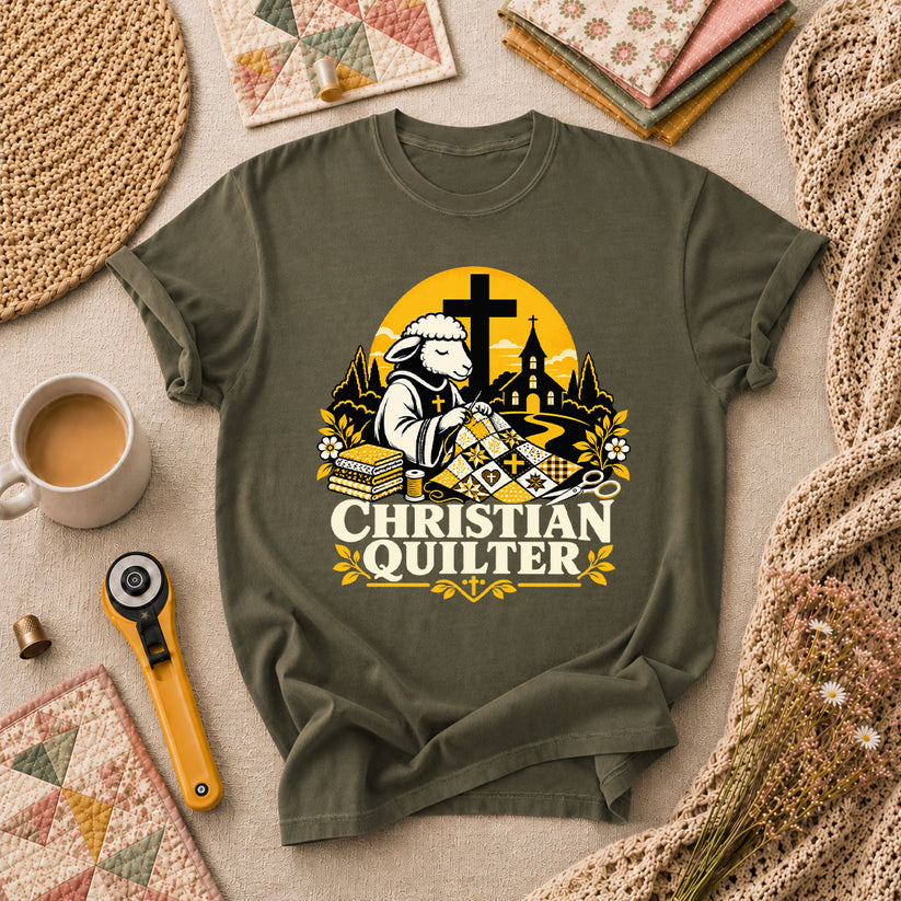 Christian Quilter Sheep Church T-Shirt - Military Green