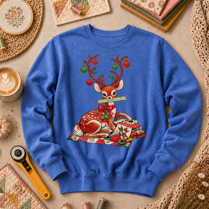 Christmas Reindeer With Ornament Antlers And Quilt Long Sleeve - Heather True Royal