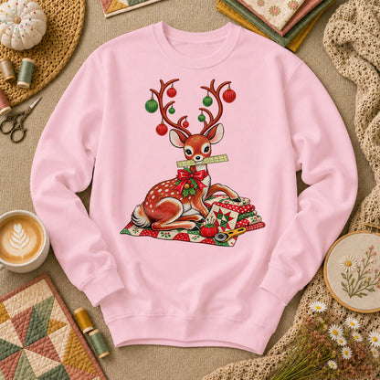 Christmas Reindeer With Ornament Antlers And Quilt Long Sleeve - Light Pink