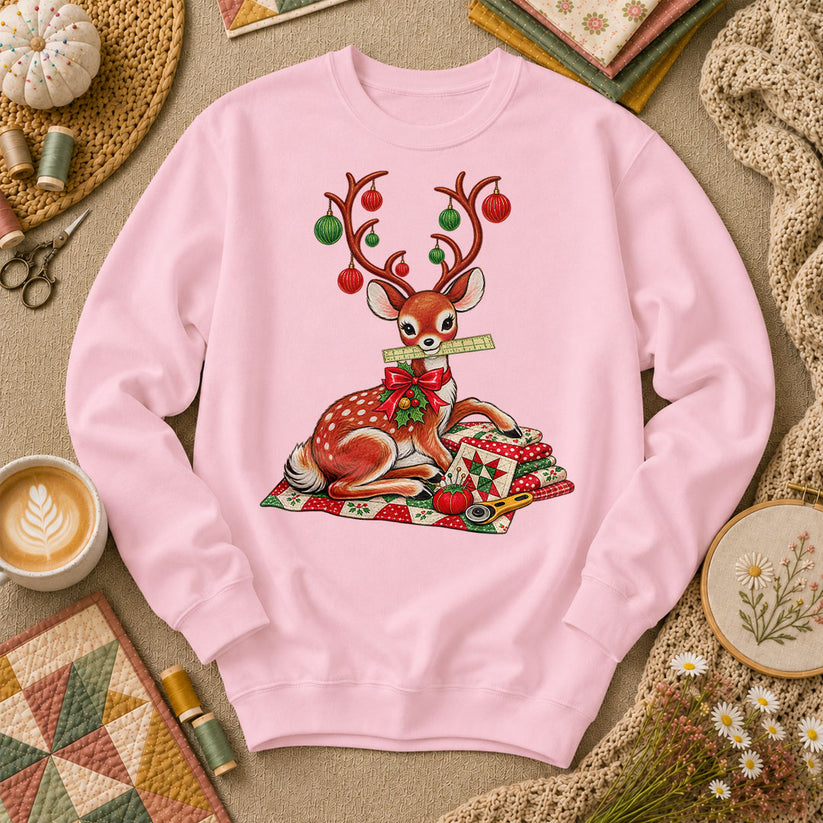 Christmas Reindeer With Ornament Antlers And Quilt Long Sleeve - Light Pink