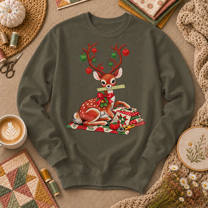 Christmas Reindeer With Ornament Antlers And Quilt Long Sleeve - Military Green