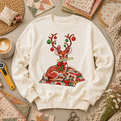 Christmas Reindeer With Ornament Antlers And Quilt Long Sleeve - Natural