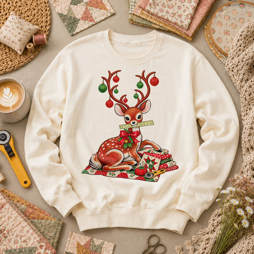 Christmas Reindeer With Ornament Antlers And Quilt Long Sleeve - Natural