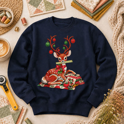 Christmas Reindeer With Ornament Antlers And Quilt Long Sleeve - Navy