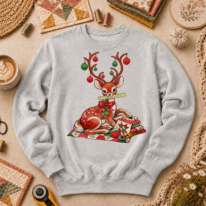 Christmas Reindeer With Ornament Antlers And Quilt Long Sleeve - Sport Grey