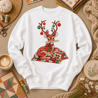 Christmas Reindeer With Ornament Antlers And Quilt Long Sleeve - White