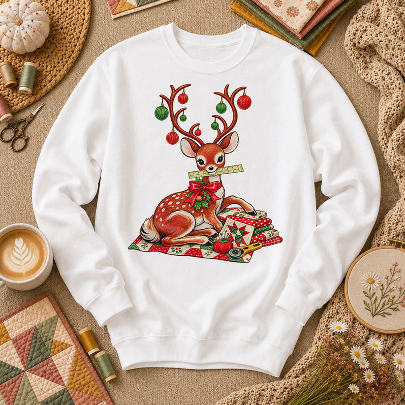 Christmas Reindeer With Ornament Antlers And Quilt Long Sleeve - White