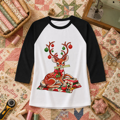 Christmas Reindeer With Ornament Antlers And Quilt Raglan Sleeve - Black