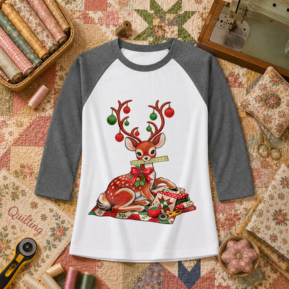 Christmas Reindeer With Ornament Antlers And Quilt Raglan Sleeve - Deep Heather