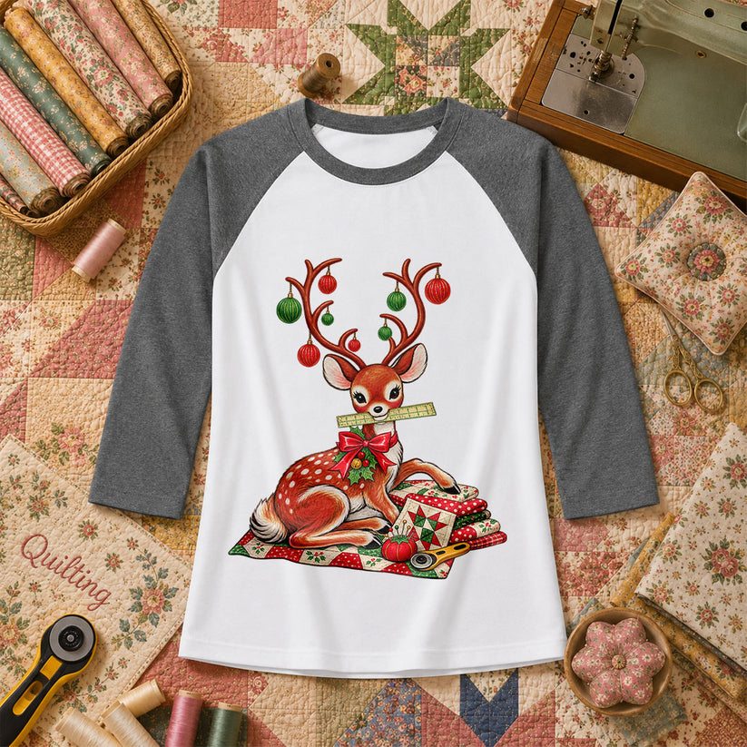 Christmas Reindeer With Ornament Antlers And Quilt Raglan Sleeve - Deep Heather