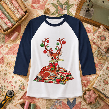 Christmas Reindeer With Ornament Antlers And Quilt Raglan Sleeve - Navy