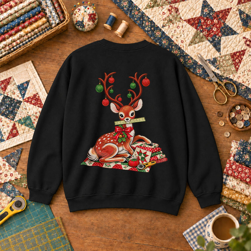 Christmas Reindeer With Ornament Antlers And Quilt Sweatshirt - Black