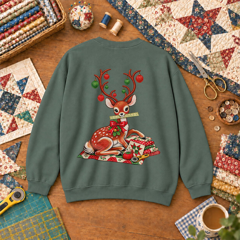 Christmas Reindeer With Ornament Antlers And Quilt Sweatshirt - Forest Green