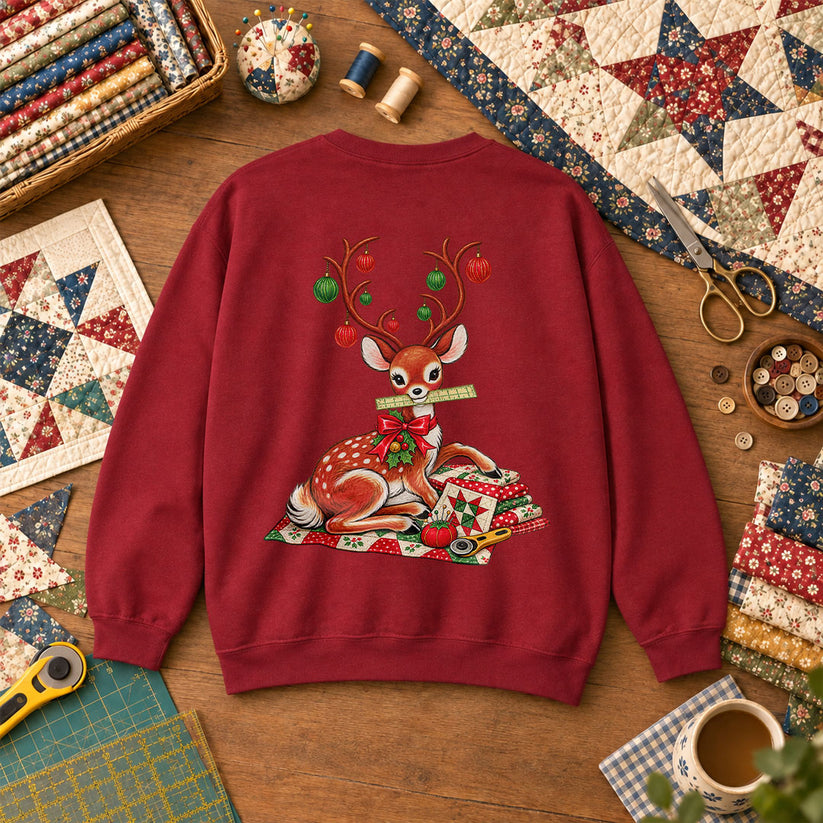 Christmas Reindeer With Ornament Antlers And Quilt Sweatshirt - Garnet