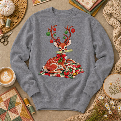 Christmas Reindeer With Ornament Antlers And Quilt Sweatshirt - Graphite Heather