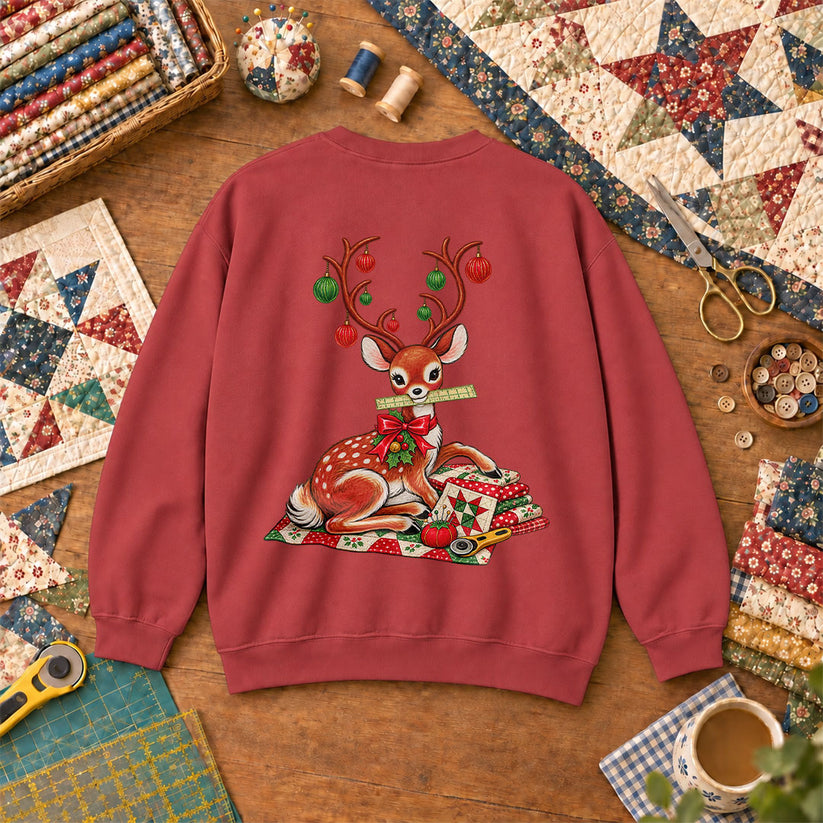 Christmas Reindeer With Ornament Antlers And Quilt Sweatshirt - Heather Red