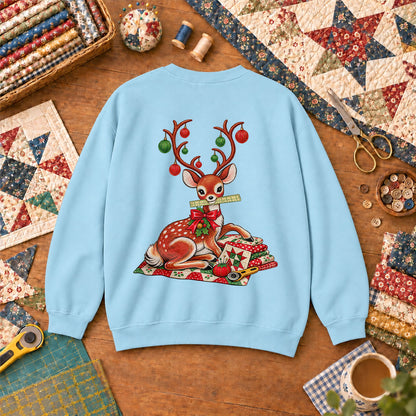 Christmas Reindeer With Ornament Antlers And Quilt Sweatshirt - Light Blue