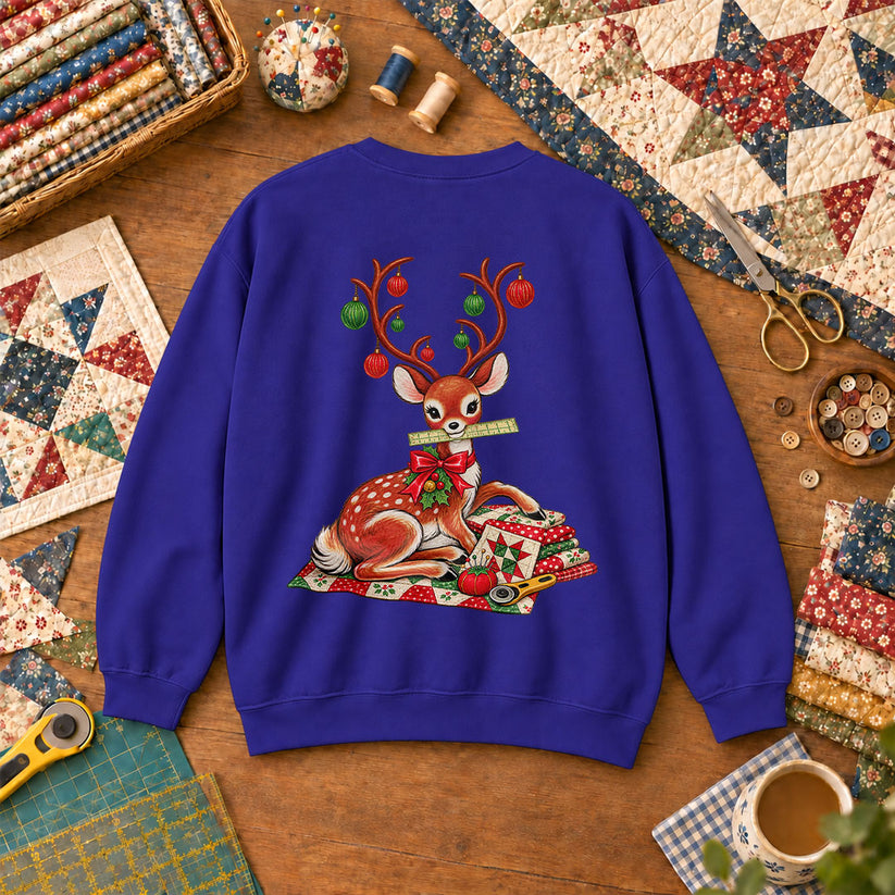 Christmas Reindeer With Ornament Antlers And Quilt Sweatshirt - Royal