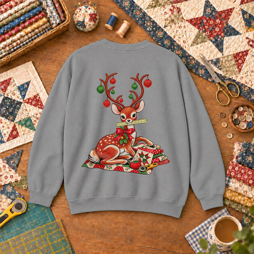 Christmas Reindeer With Ornament Antlers And Quilt Sweatshirt - Sport Grey
