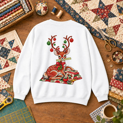 Christmas Reindeer With Ornament Antlers And Quilt Sweatshirt - White