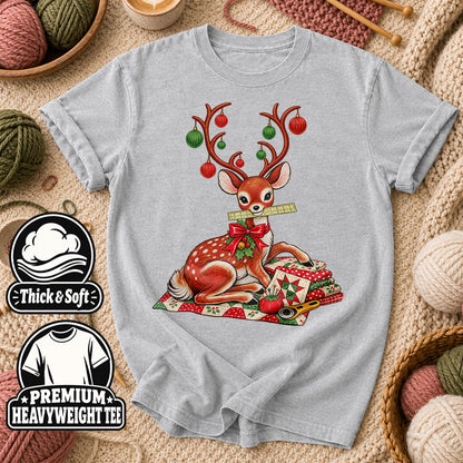Christmas Reindeer With Ornament Antlers And Quilt T-Shirt - Athletic Heather
