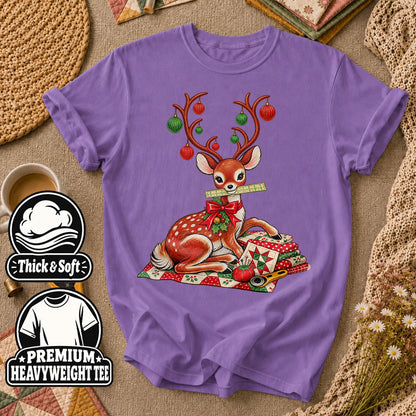 Christmas Reindeer With Ornament Antlers And Quilt T-Shirt - Heather Team Purple