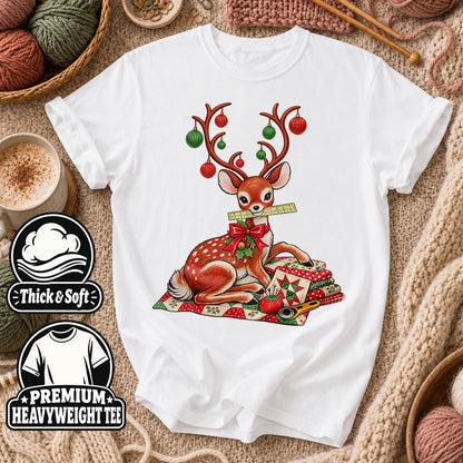 Christmas Reindeer With Ornament Antlers And Quilt T-Shirt - White