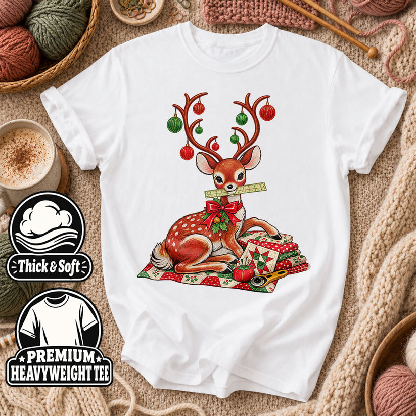Christmas Reindeer With Ornament Antlers And Quilt T-Shirt - White