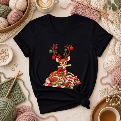 Christmas Reindeer With Ornament Antlers And Quilt Women's V-Neck - Black