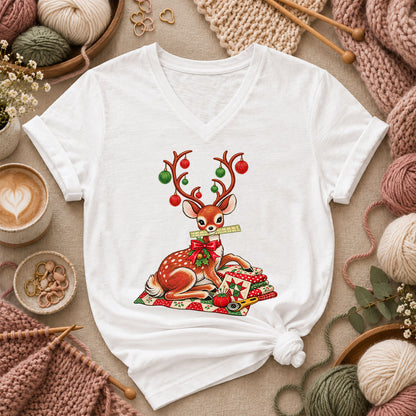 Christmas Reindeer With Ornament Antlers And Quilt Women's V-Neck - White