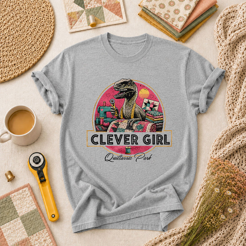 Clever Girl Quiltassic Park Dinosaur T-Shirt - Athletic Heather