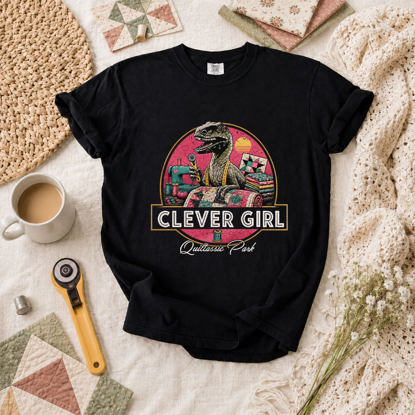 Clever Girl Quiltassic Park Dinosaur T-Shirt - Black
