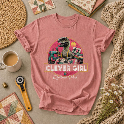 Clever Girl Quiltassic Park Dinosaur T-Shirt - Heather Mauve