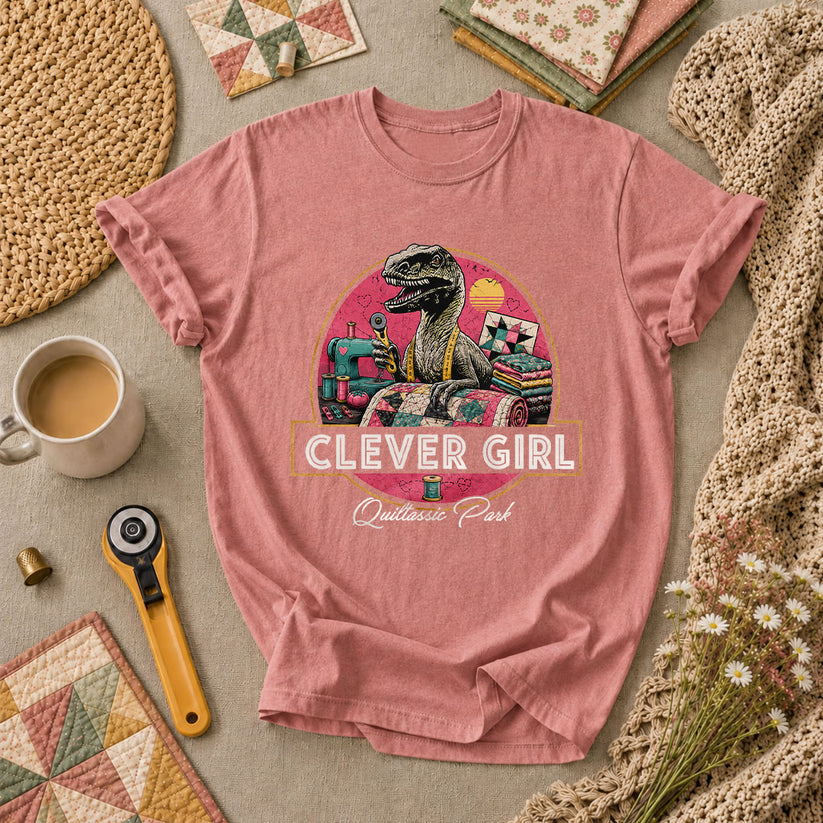 Clever Girl Quiltassic Park Dinosaur T-Shirt - Heather Mauve