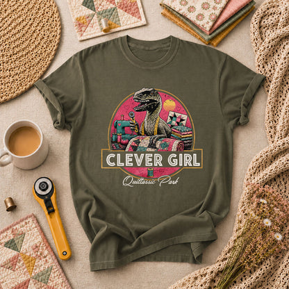 Clever Girl Quiltassic Park Dinosaur T-Shirt - Military Green