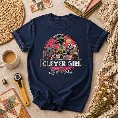 Clever Girl Quiltassic Park Dinosaur T-Shirt - Navy