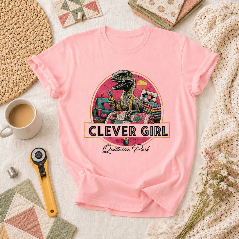 Clever Girl Quiltassic Park Dinosaur T-Shirt - Pink